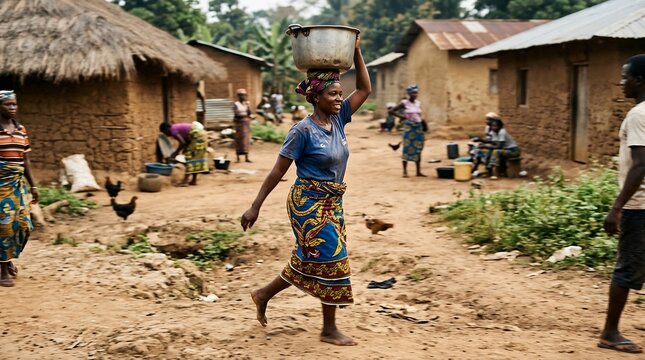 Woman carrying metal pot on head in African village setting