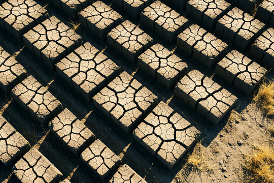 Dried mud bricks in rows on the ground