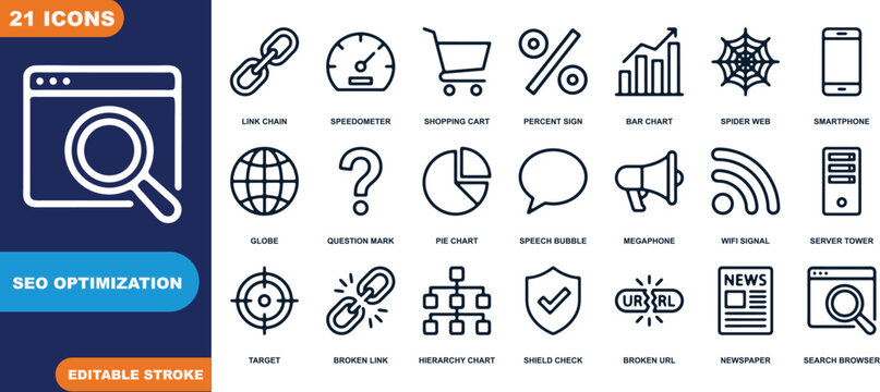 21 SEO optimization icons such as link chain speedometer and shopping cart