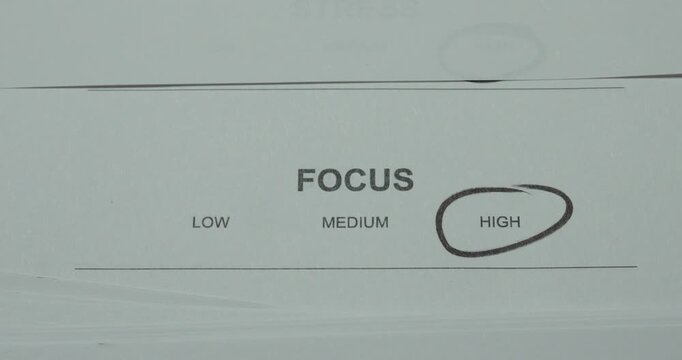 Close-up of a focus level scale with High circled. Concept for strong concentration, attention, productivity, goal setting and focused work.