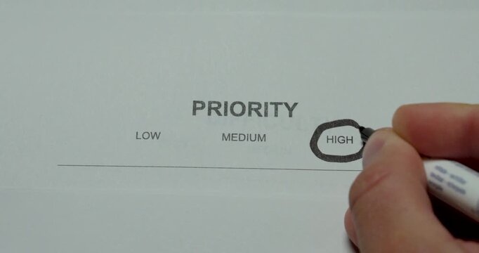 Close-up of a priority scale with High circled. Concept for high priority, urgent tasks, importance, workload management, planning and decision making.