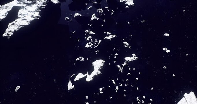 Wide icy asteroid field under starlit expanse, bright ice faces reflecting distant galaxies, scattered rubble drifting in silent vacuum, subtle shimmer