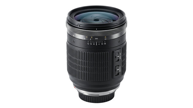 professional camera lens for photography, modern telephoto camera lens equipment, black DSLR optical camera lens for photographer isolated PNG with Transparent Background