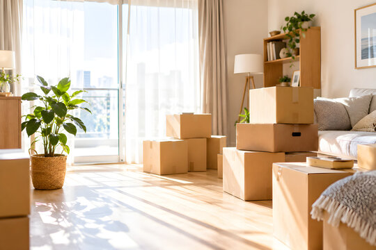 Stack of cardboard boxes in a bright sunny living room during moving day