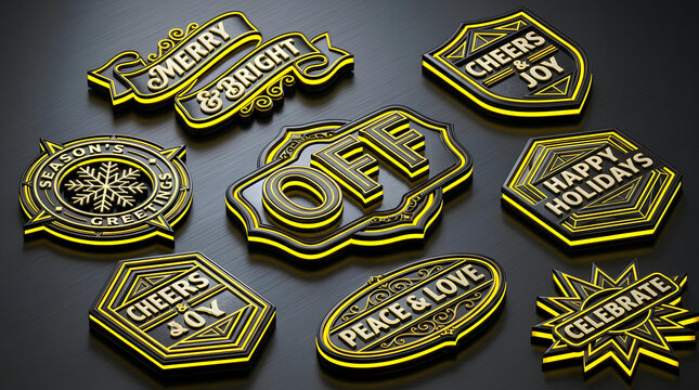Set of 3D Glowing Holiday Sale Labels and Christmas Badges