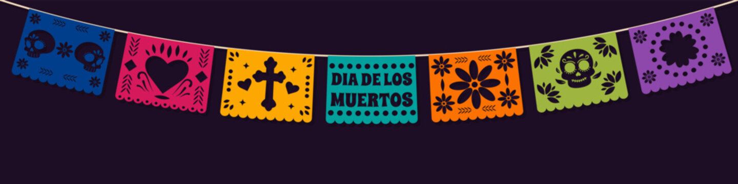 Dia de los Muertos mexican papel picado garland banner on dark background. Day of the Dead horizontal bunting flag decoration vector.