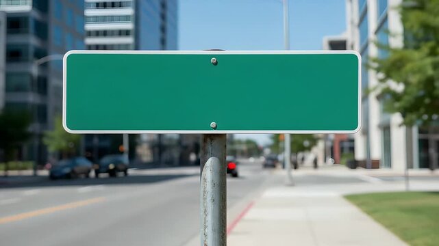 A blank green street sign in an urban setting.
