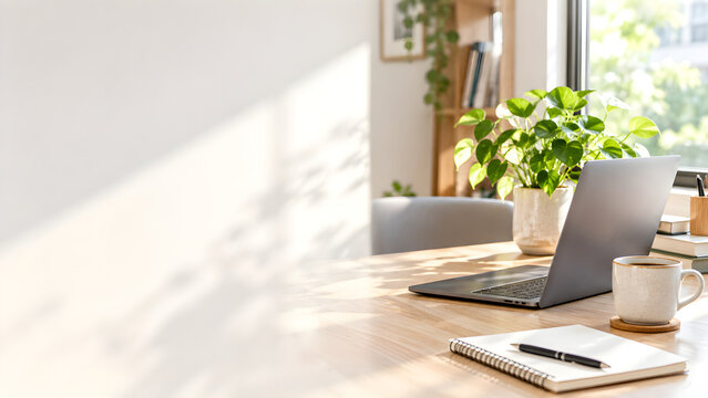 Modern minimalist workspace with laptop coffee mug and green plant in sunlight