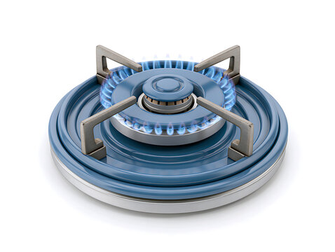 Blue gas stove burner flame symbolising household heating, energy resources, utility costs, and domestic warmth, isolated on a white background.