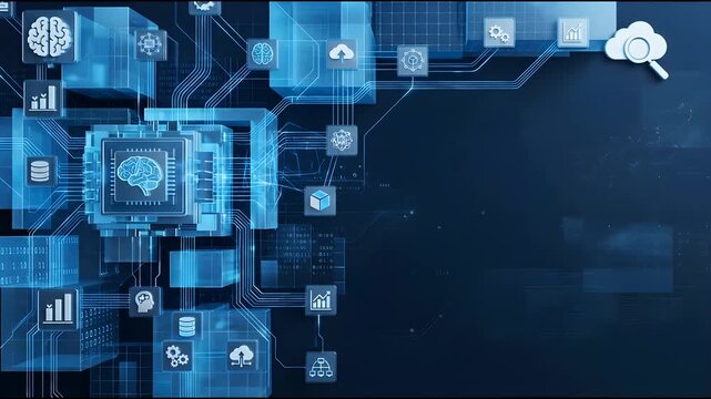 Artificial intelligence digital ecosystem with data icons and copy space