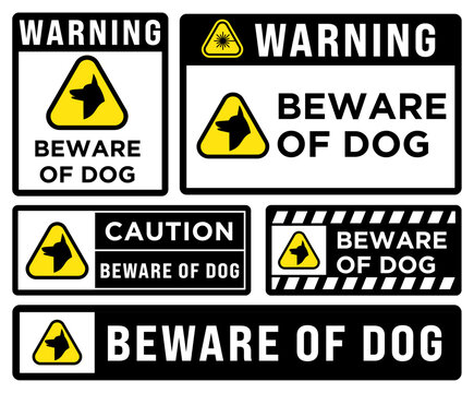 Guard dog warning sign set with security hazard symbols, perimeter protection signage, and access restriction labels for residential gates, industrial sites, and restricted areas