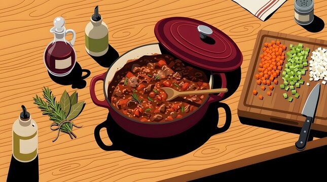 Beef stew in red cast iron Dutch oven with fresh mirepoix ingredients on wooden table