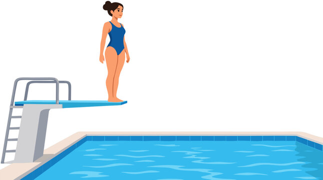 Confident woman in blue swimsuit standing on diving board above clear blue swimming pool preparing to dive, symbolizing courage, decision, determination and overcoming fear in summer recreation