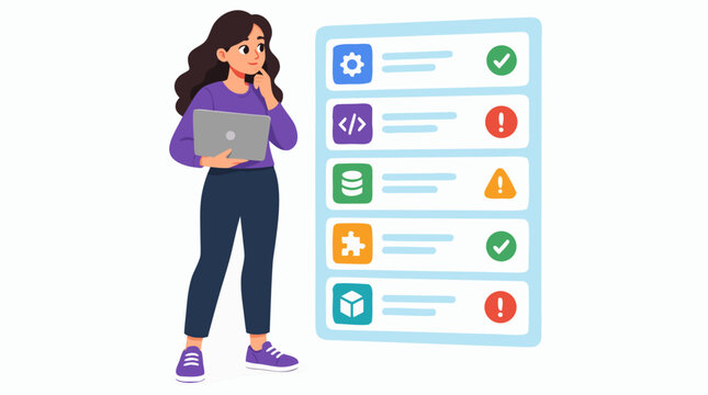 Thoughtful female software developer holding laptop reviewing glowing checklist of system components with status icons for debugging quality assurance and code testing flat vector illustration