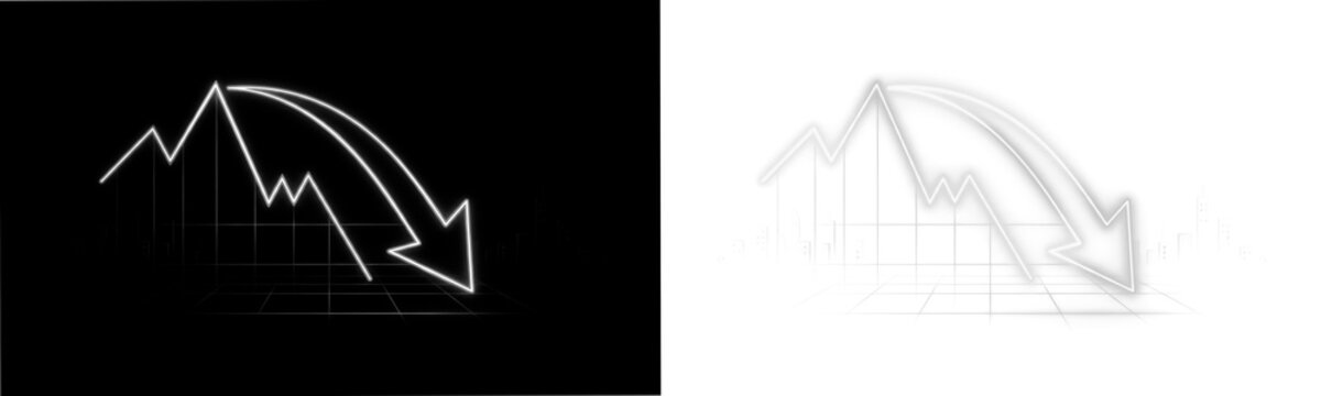 Glowing white neon downward trend arrow representing financial crisis and market crash. Transparent PNG graphic element for business presentations and economic reports.
