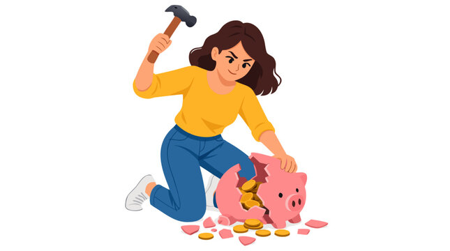 Determined young woman entrepreneur breaking open pink piggy bank with hammer, gold coins spilling to fund first small business startup, bold flat vector illustration for bootstrapping concept