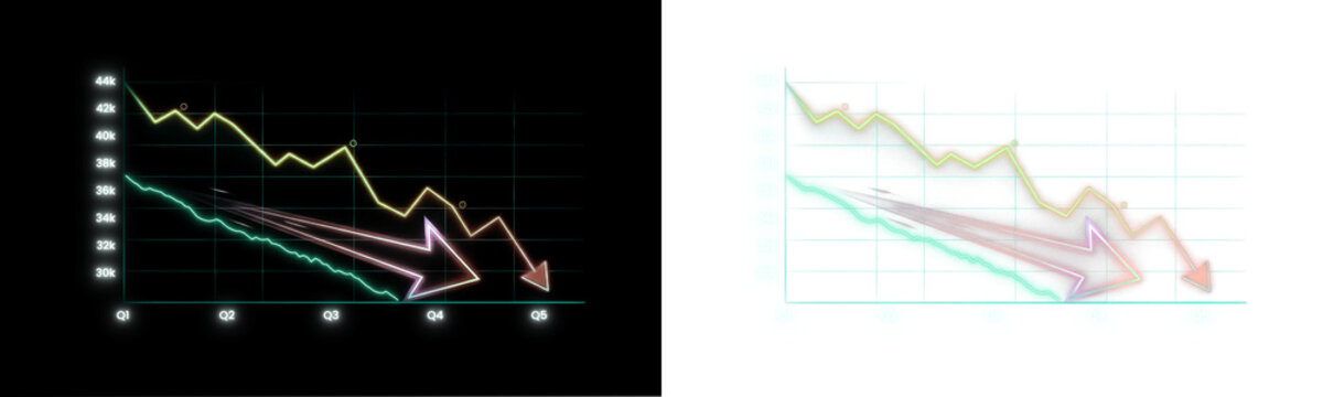Glowing neon financial crisis line chart showing market decline. Transparent PNG graphic ideal for business presentations, economic crisis analysis, and digital stock market designs.