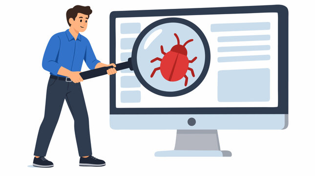 Flat vector illustration of male technician holding giant magnifying glass over red software bug icon on large desktop computer monitor, debugging code, quality assurance and troubleshooting concept
