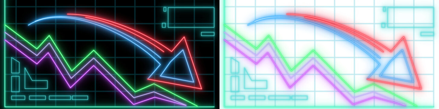 Neon business crash graph showing downward trend and financial crisis. High quality transparent PNG file isolated on alpha background for trading and economic concepts.