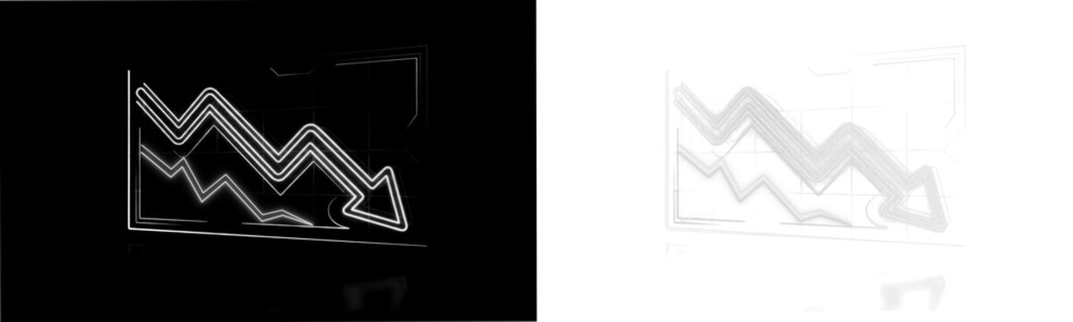 White neon declining business chart with down arrow representing financial loss or market crash. High-quality transparent PNG file isolated on transparent background for web and presentation design.