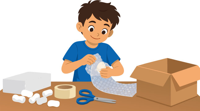 Young boy carefully wrapping a raw egg in bubble wrap for egg drop physics science experiment, preparing protective cushioning with tape and cardboard box on table, STEM education challenge