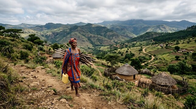 Woman in traditional attire carrying firewood and water jug on a mountain path near village huts