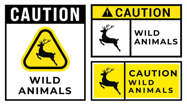 Wildlife crossing warning sign set with animal hazard symbols, road safety signage, and driver awareness labels for highways, forests, and protected zones