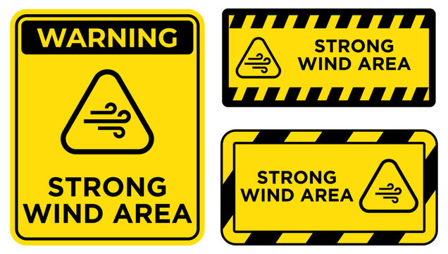 Strong wind warning sign set with weather hazard symbols, environmental risk labels, and outdoor safety signage for highways, bridges, and coastal zones