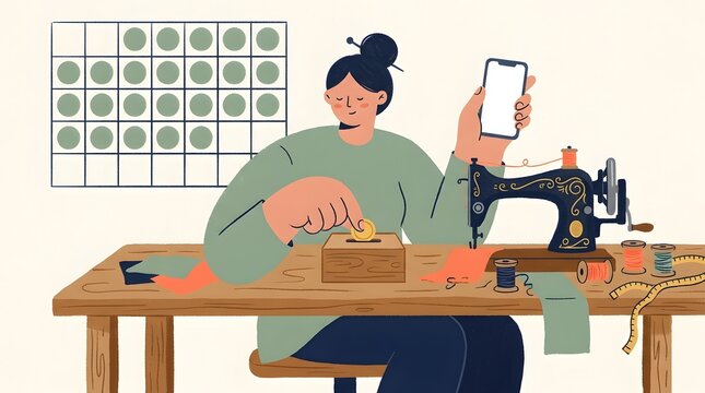 Woman putting a coin into a money box while holding a mobile phone beside a sewing machine
