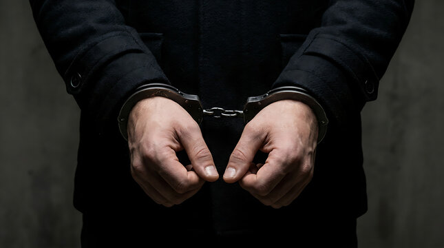 A man wearing a black jacket with his hands tied.
