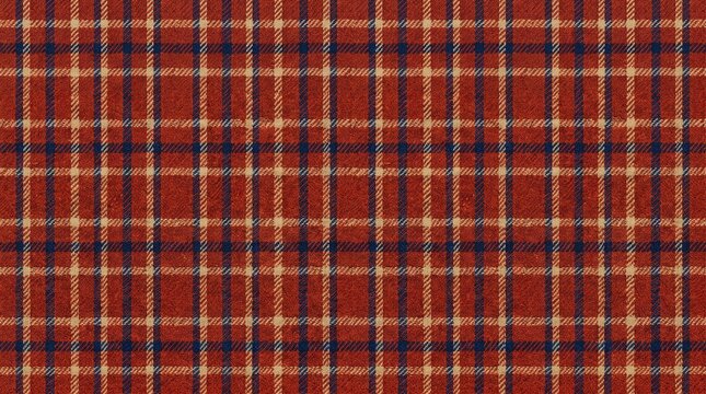 Classic red flannel plaid pattern featuring intersecting blue and beige woven lines