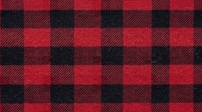 Vibrant red and black buffalo plaid woolen fabric texture with classic winter flannel pattern design