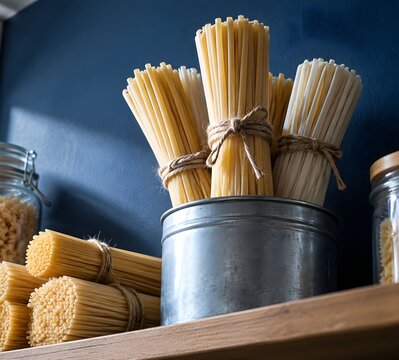 Twine tied bundles of dried pasta standing in a metal tin on a shelf