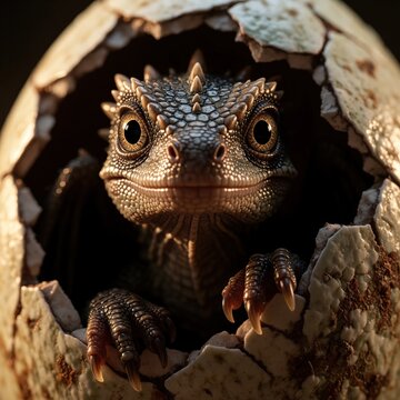 Small baby dragon dinosaur hatches from broken eggshell. Cute mythical creature with scales, sharp claws emerges from egg. Tiny reptile monster looks forward with big eyes. Prehistoric animal newborn