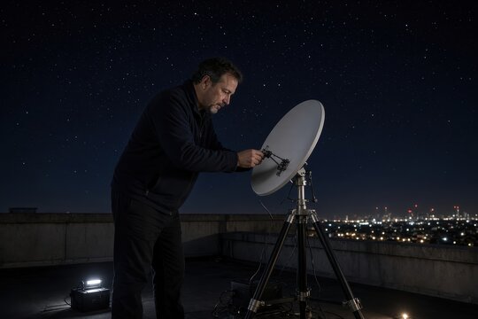 A technician fine-tuning a satellite dish on a rooftop at night.