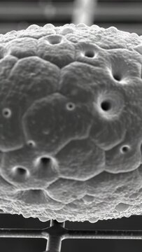 Vertical video: Moving stage rotating microscopic sphere on support grid, revealing pores for study