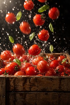 Cherry Tomatoes Falling Into Rustic Crate