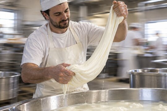 Cheesemaker Stretching Fresh Mozzarella Curd