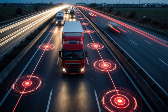 Red semi truck drives on highway at night. Digital HUD interface shows cargo tracking, GPS navigation data. Smart logistics system monitors fleet movement, supply chain route on dark road. Automated