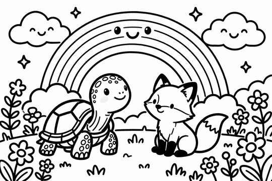 Cute turtle, fox look at big rainbow in nature landscape. Friendly animals sit among flowers, clouds with happy faces. Black, white line art illustration for kids coloring book children storybook.