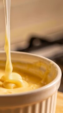 Vertical video: Lifting wooden spoon pulling cheese from white ramekin in kitchen, testing stretch