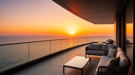 Fototapeta premium Modern balcony with luxury outdoor furniture overlooks stunning sunset over blue ocean. Large terrace with comfortable sofa, coffee table offers peaceful view. Scenic sea landscape at dusk provides