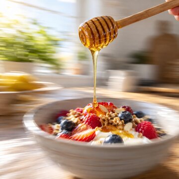 Honey Drizzling onto Fresh Fruit and Granola Bowl
