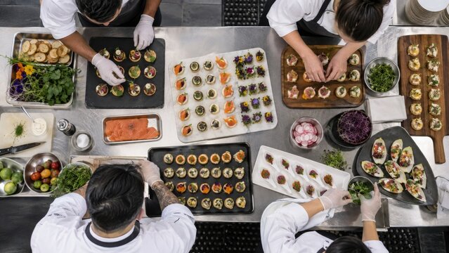 Overhead Catering Team Preparing Sushi and Appetizers