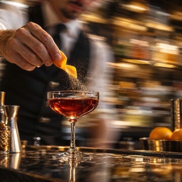 Bartender Expressing Orange Peel over Cocktail