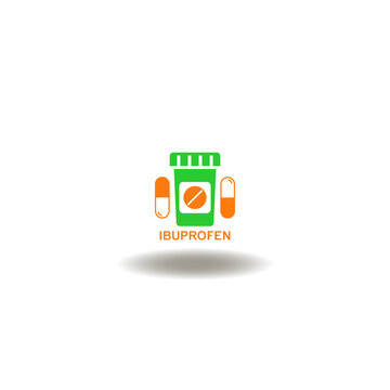 Vector illustration of medical vial with ibuprofen drugs and pills. Symbol of ibuprofen pills medication.