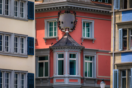 Historic old town street with traditional architecture in Zurich, Switzerland