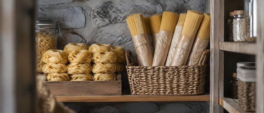 Paper wrapped bundles of long dried pasta leaning in a woven basket on a pantry shelf