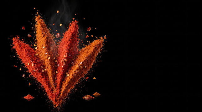 Paprika and Red Chili Powder Bursting Upward in Four Lobes on Black with Right Copy Space for Spice Brand Banner