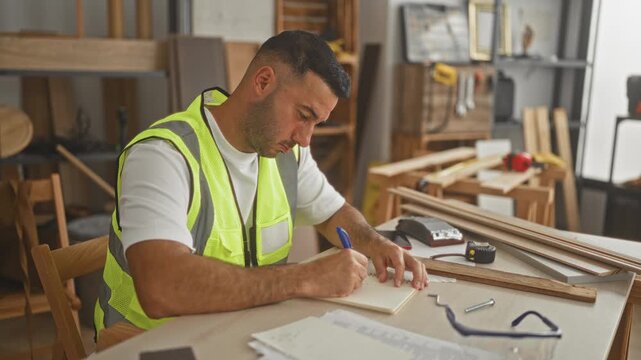 Man writing notes with pen, hand on notebook at a workbench surrounded by wood planks, tape measure and safety goggles in a carpentry studio; concentration planning.